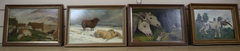 19th century English School, oil on mill board, Sheep in winter, 19 x 30cm, a pair of oils of horses and cattle by A.F. Barnes, 1913 an